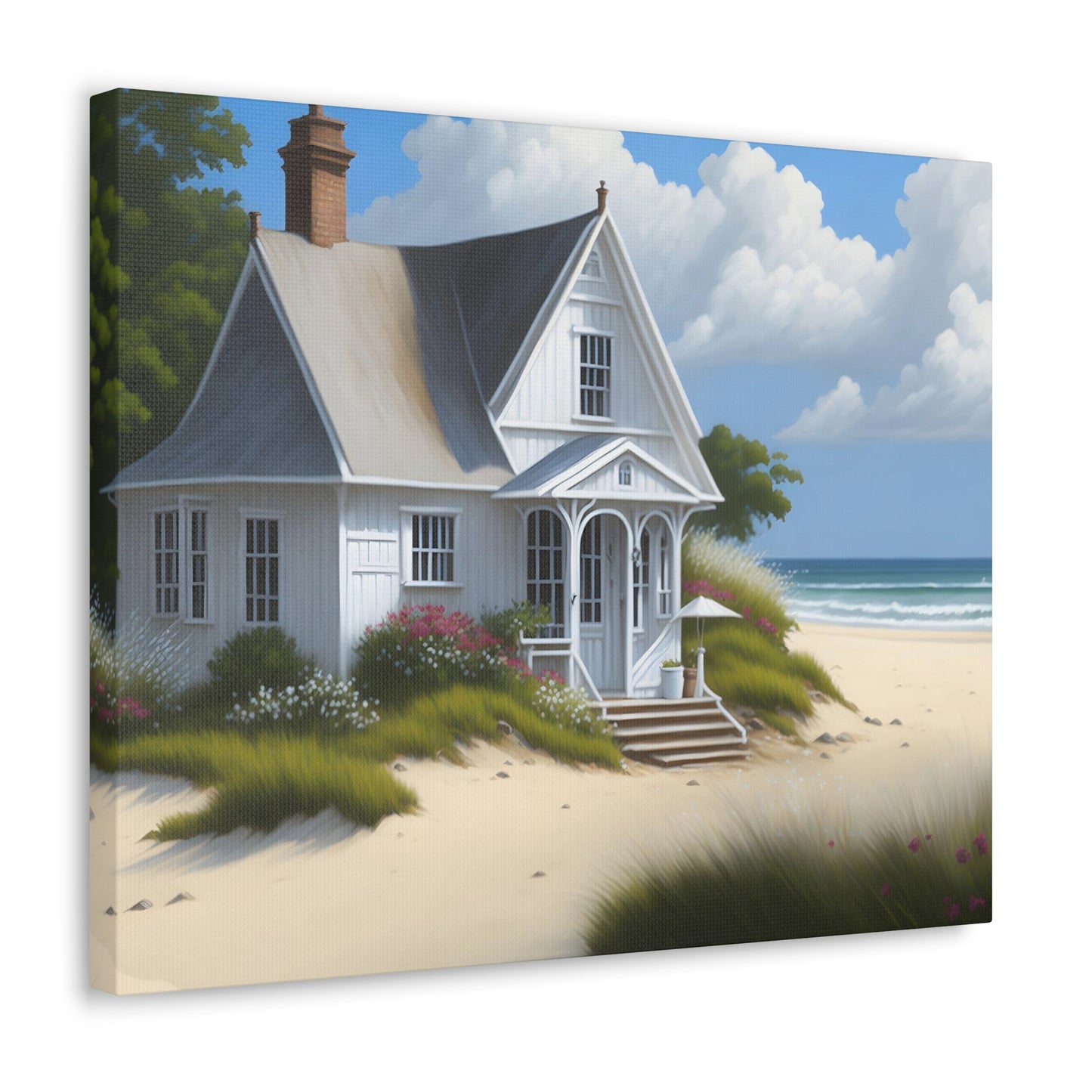 Coastal Retreat: Beach Cottage Canvas Wrap, Idyllic Coastal Landscapes, Serene Ocean Views, and Beachside Escapes, Sand Beaches.