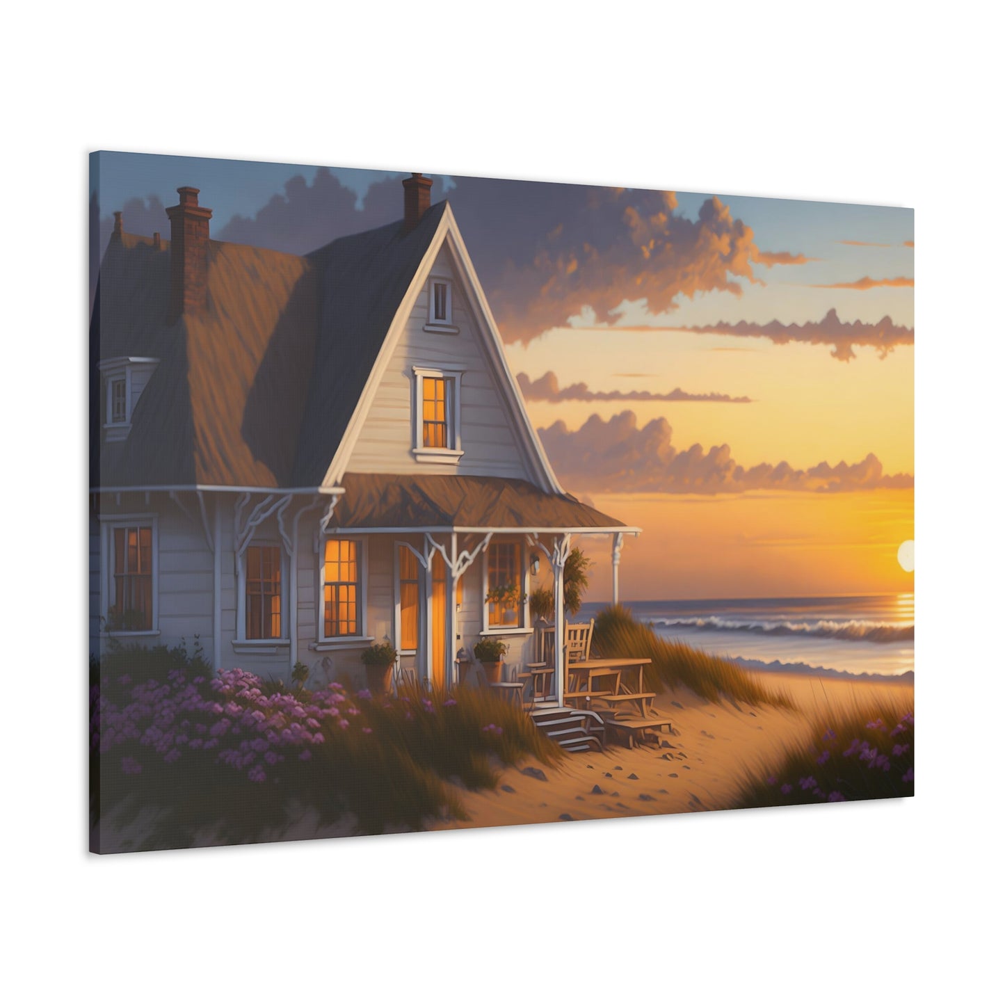 Coastal Retreat: Beach Cottage Canvas Wrap, Idyllic Coastal Landscapes, Serene Ocean Views, and Beachside Escapes Canvas Wrap Art