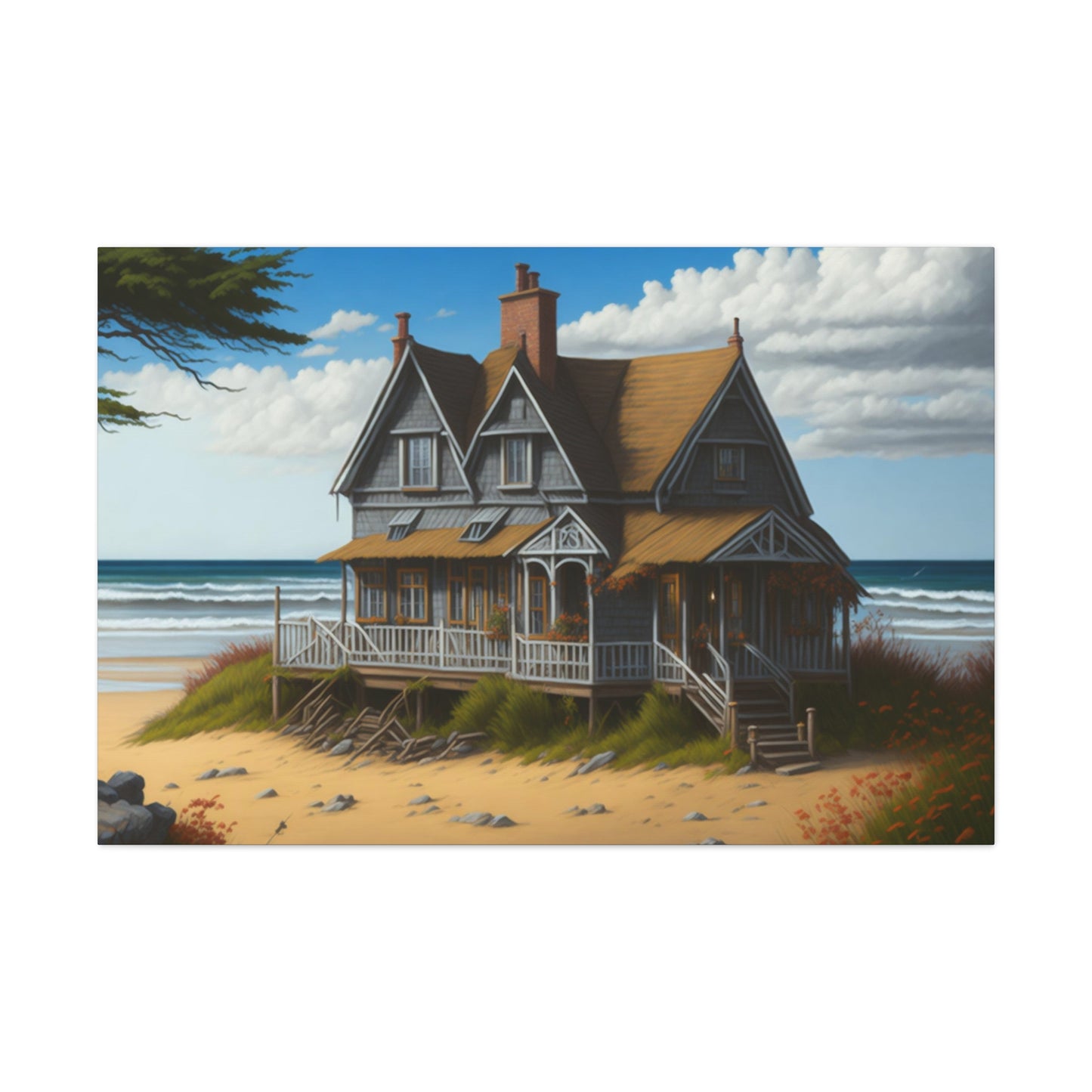 Coastal Retreat: Beach Cottage Canvas Wrap, Idyllic Coastal Landscapes, Serene Ocean Views, and Beachside Escapes, Sand Beaches.