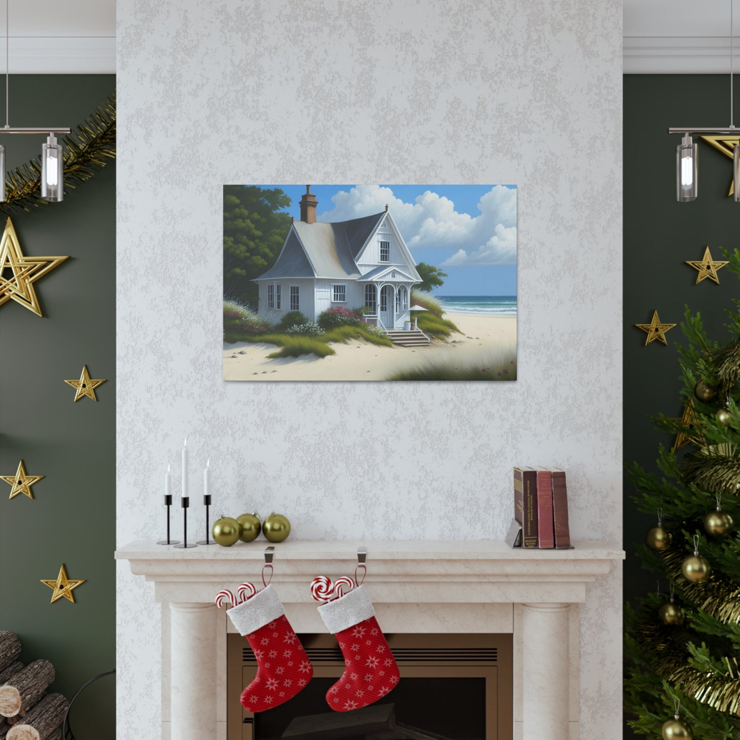 Coastal Retreat: Beach Cottage Canvas Wrap, Idyllic Coastal Landscapes, Serene Ocean Views, and Beachside Escapes, Sand Beaches.