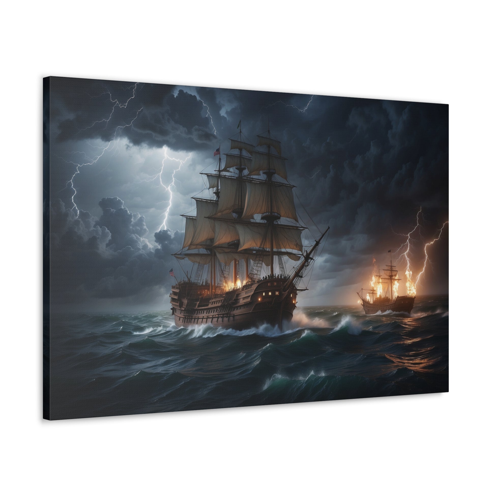 A canvas-wrapped print of a vintage tall ship at sea in battle during a storm. 