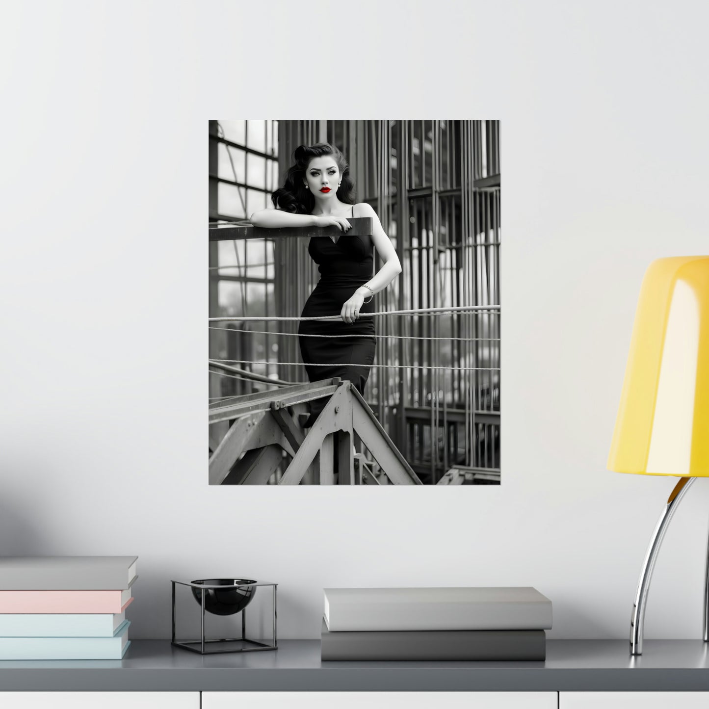 1950s-Inspired Monochrome Model Poster with Bold Red Lips - Retro Pin-Up Wall Art for Vintage Fashion Enthusiasts, Black and White Print