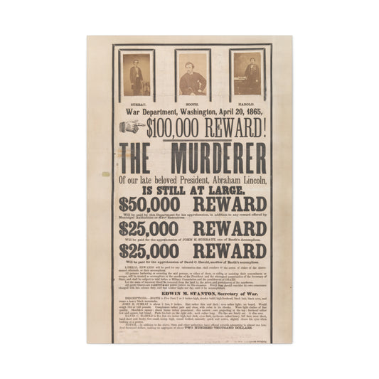 Authentic Replica of 1865 Lincoln Assassination Reward Poster – Canvas Print