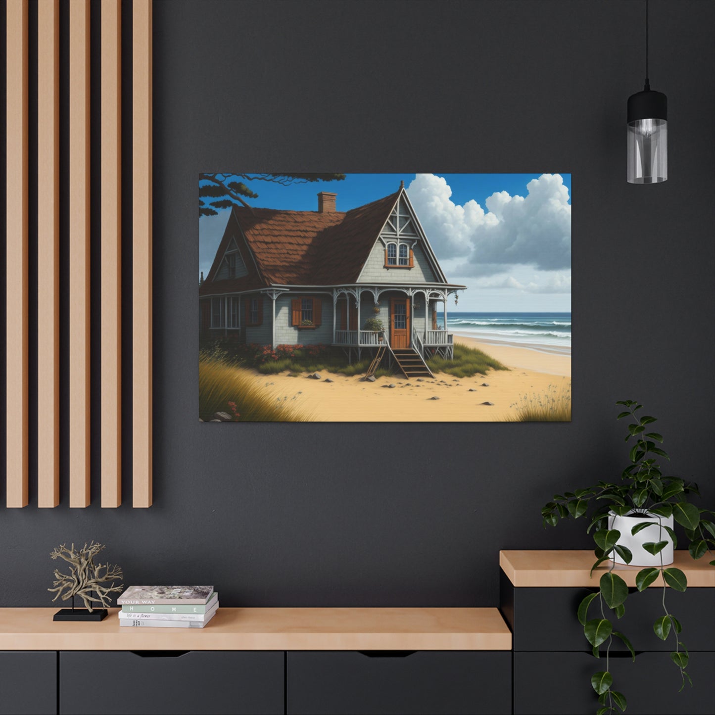 Coastal Retreat: Beach Cottage Canvas Wrap, Idyllic Coastal Landscapes, Serene Ocean Views, and Beachside Escapes, Sand Beaches.