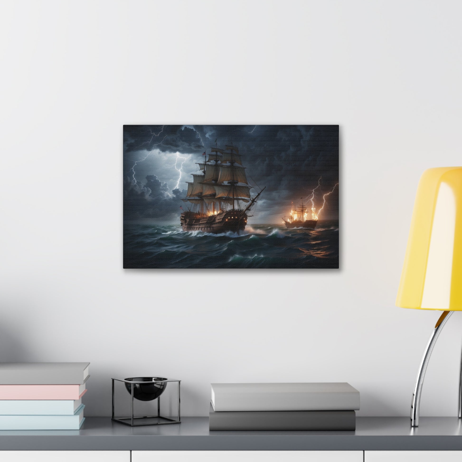 A canvas-wrapped print of a vintage tall ship at sea in battle during a storm. 