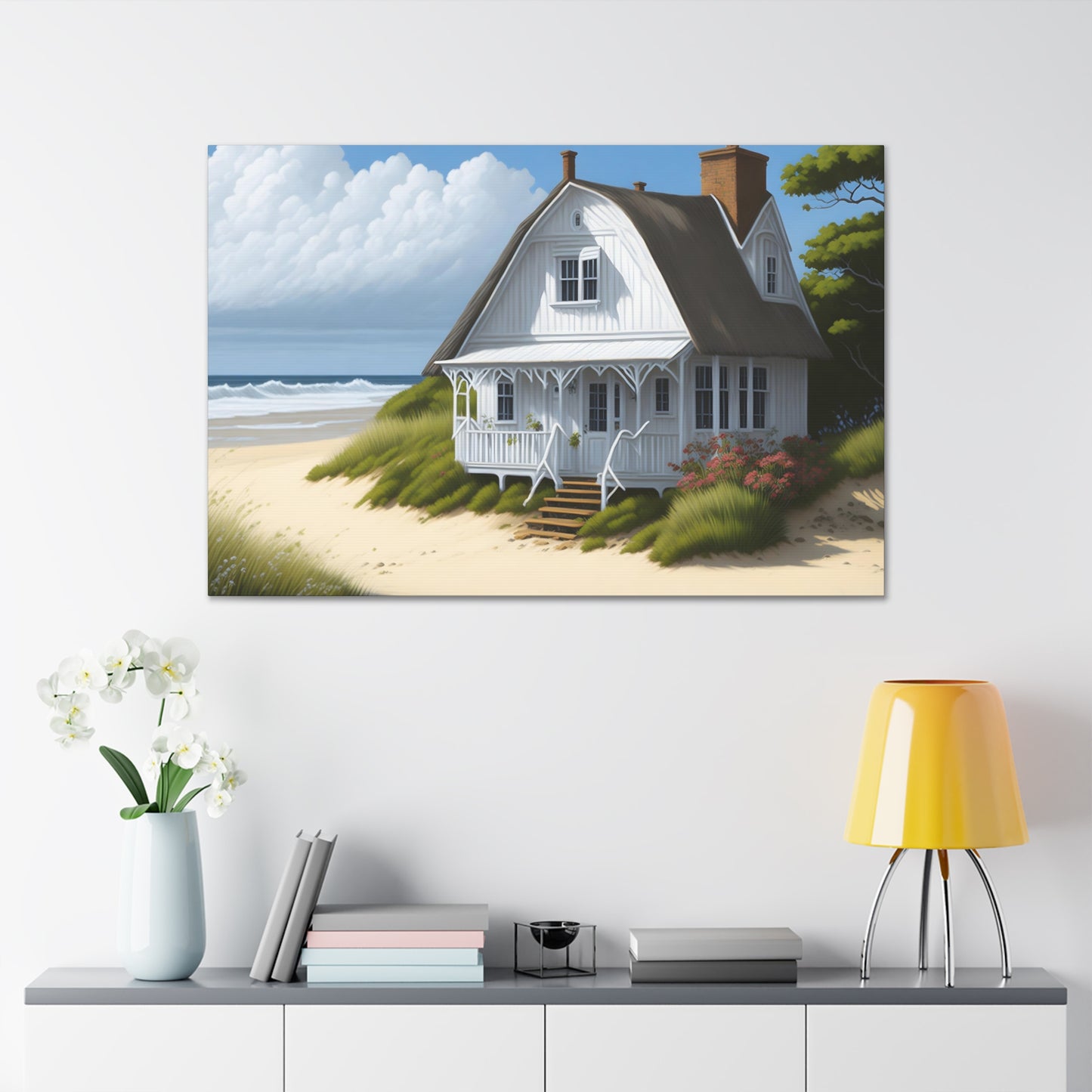 Coastal Retreat: Beach Cottage Canvas Wrap, Idyllic Coastal Landscapes, Serene Ocean Views, and Beachside Escapes.