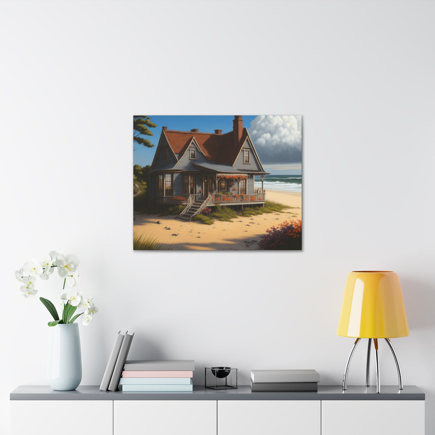 Coastal Retreat: Beach Cottage Canvas Wrap, Idyllic Coastal Landscapes, Serene Ocean Views, and Beachside Escapes, Sand Beaches.