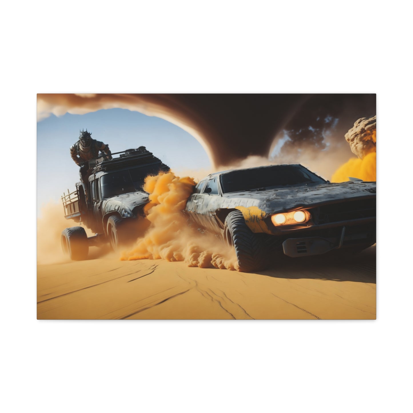 Apocalyptic Desert Chase Canvas Wall Art, Mad Max Style Vehicle Duel with Twister, Bold Living Room Decor, Adventure Seeker Gift