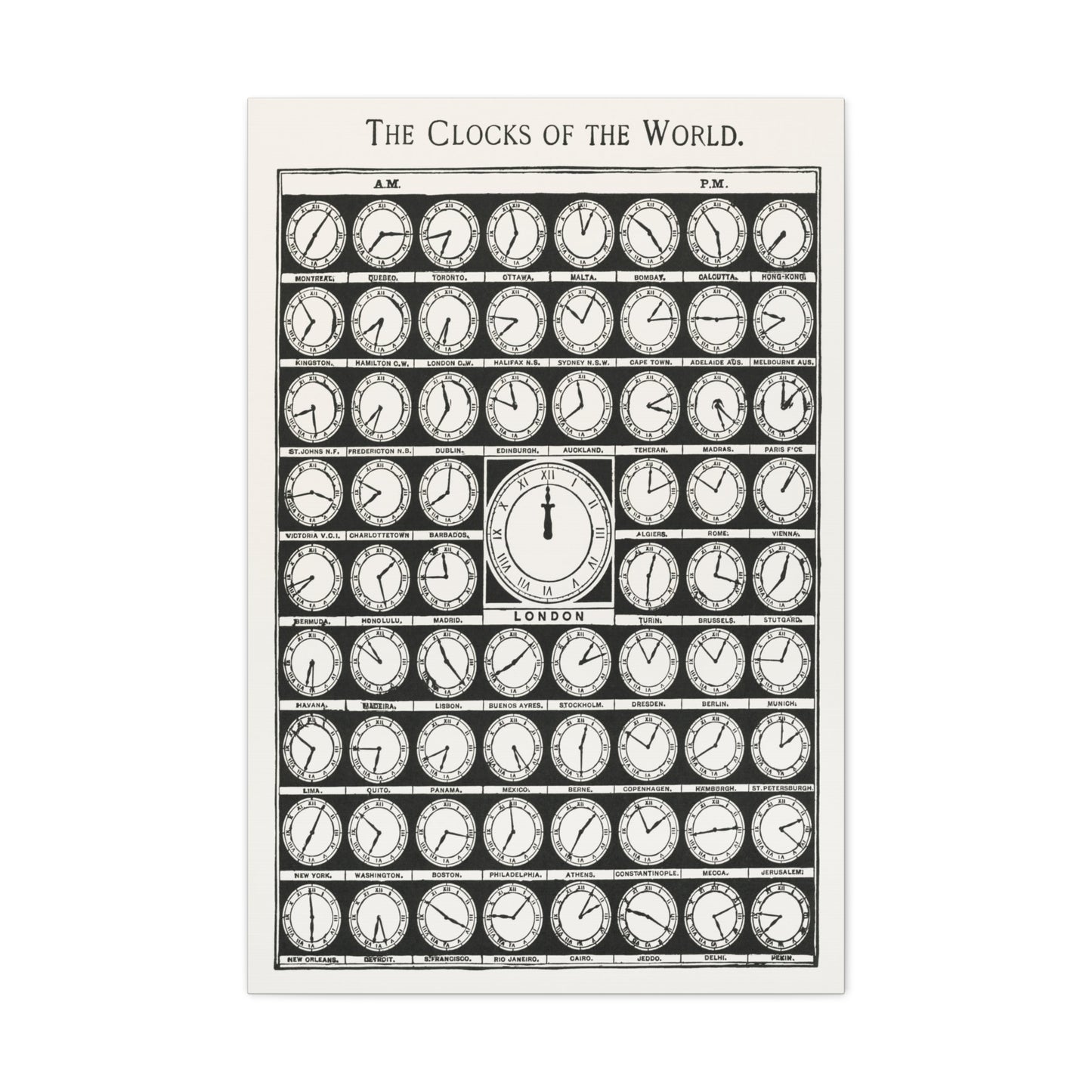 Clocks of the World Canvas Wrap Print, Vintage Time Zone Poster in Black and White, Ideal for Office Decor, Perfect Gift for Travelers