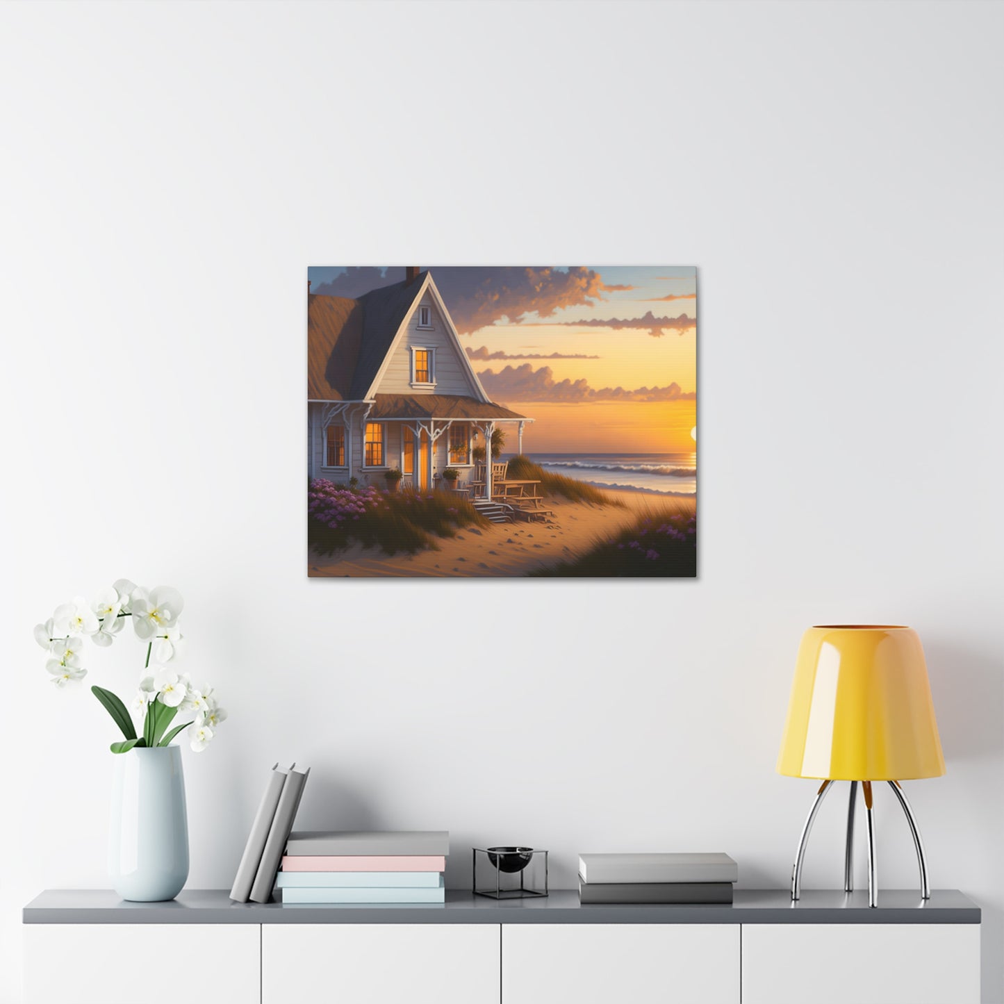 Coastal Retreat: Beach Cottage Canvas Wrap, Idyllic Coastal Landscapes, Serene Ocean Views, and Beachside Escapes Canvas Wrap Art