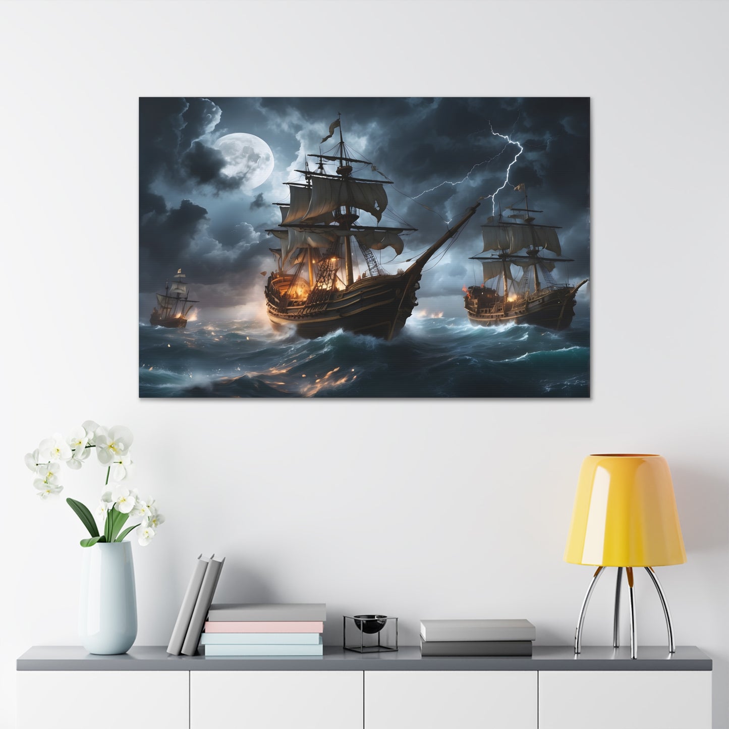 A canvas wrapped print  with the image of vintage tall ships in a battle at sea during a intense storm. 