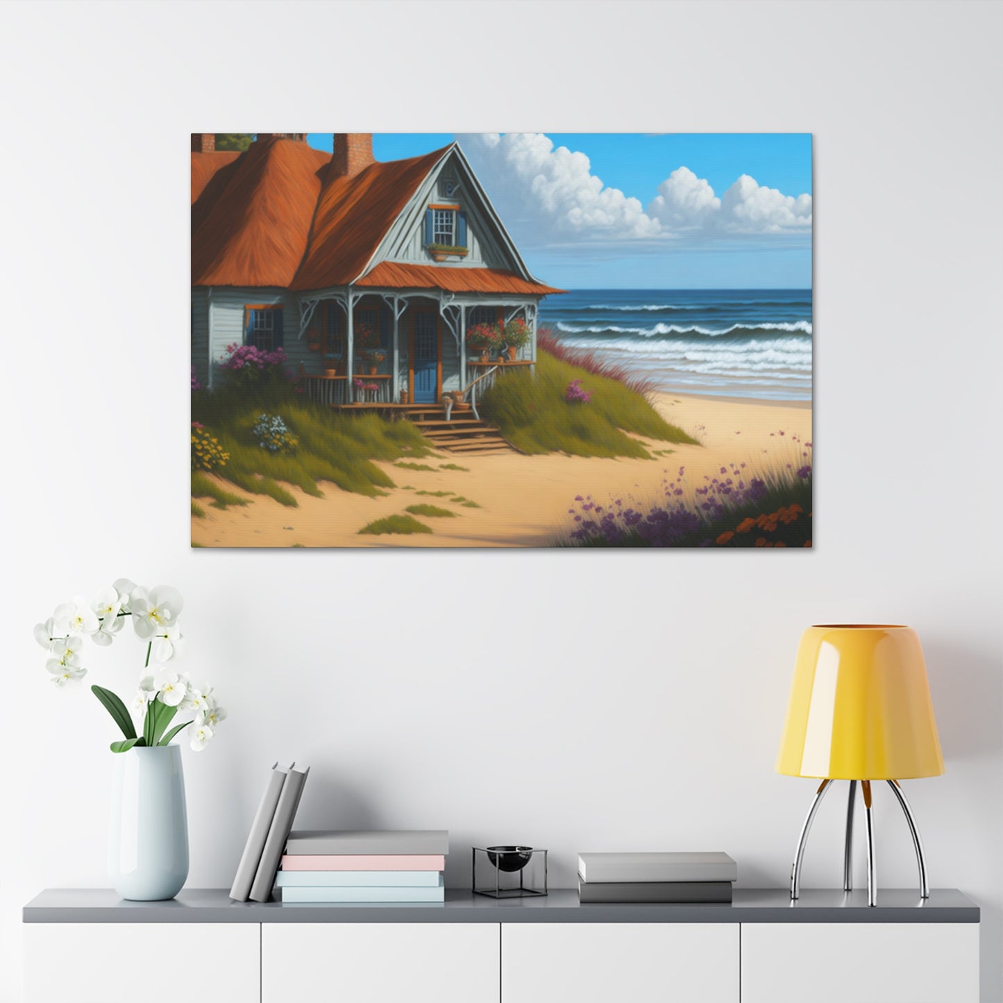 Coastal Retreat: Beach Cottage Canvas Wrap, Idyllic Coastal Landscapes, Serene Ocean Views, and Beachside Escapes, Sand Beaches.