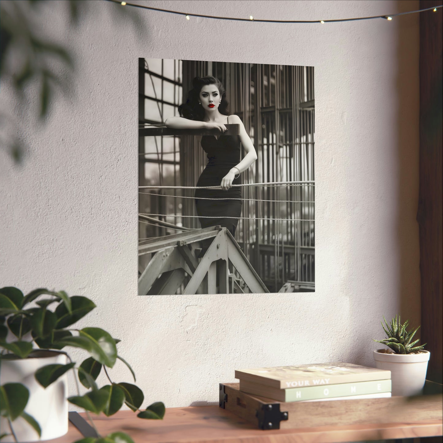 1950s-Inspired Monochrome Model Poster with Bold Red Lips - Retro Pin-Up Wall Art for Vintage Fashion Enthusiasts, Black and White Print