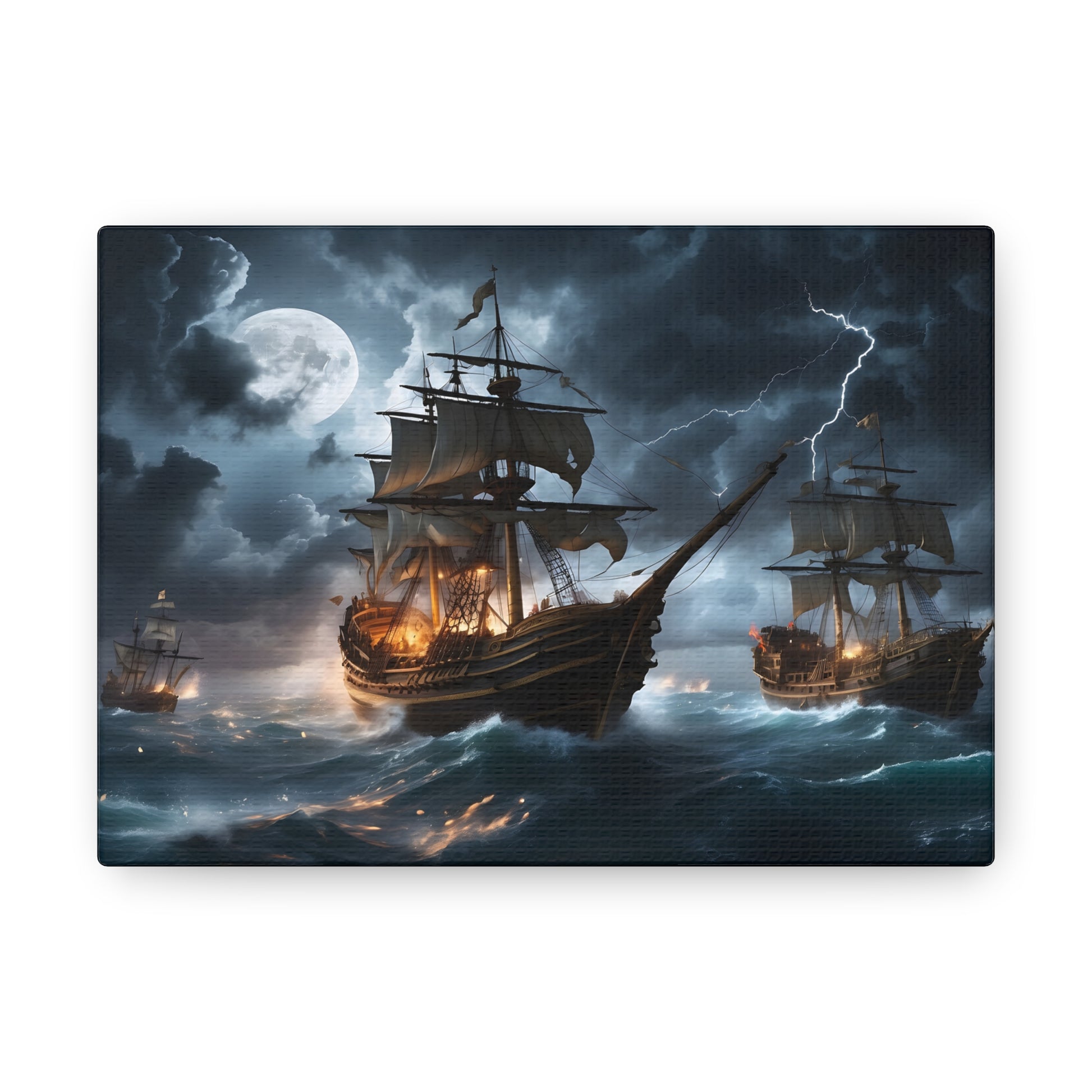 A canvas wrapped print  with the image of vintage tall ships in a battle at sea during a intense storm. 