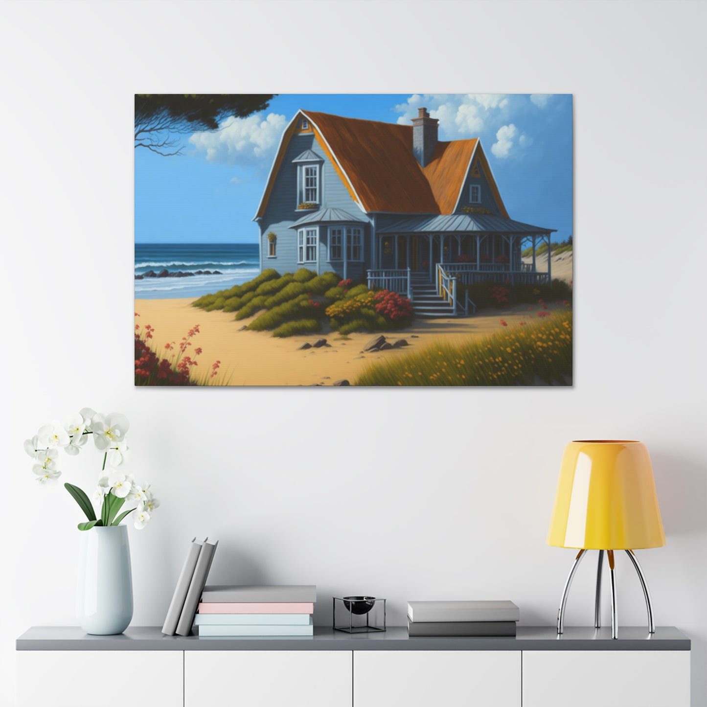 Coastal Retreat: Beach Cottage Canvas Wrap, Idyllic Coastal Landscapes, Serene Ocean Views, and Beachside Escapes, Sand Beaches.