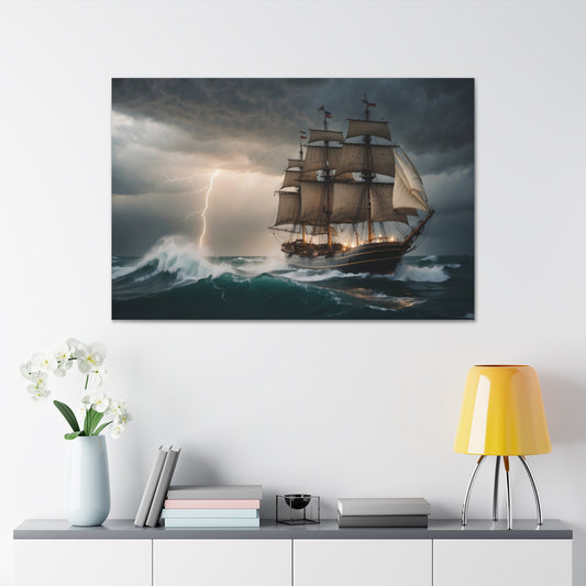 Majestic Tall Ship in Rough Waters - Nautical Canvas Wrap, Ocean Storm Scene for Office Decor, Unique Sailor or Mainer Gift