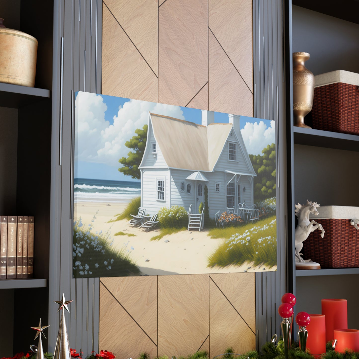 Coastal Retreat: Beach Cottage Canvas Wrap, Idyllic Coastal Landscapes, Serene Ocean Views, and Beachside Escapes, Sand Beaches.