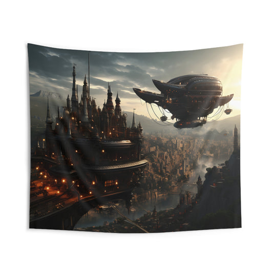 Dystopian Sunset Tapestry with Steampunk Airship, Surreal City Wall Decor, Aesthetic Room Accent, Creative Graduation Gift