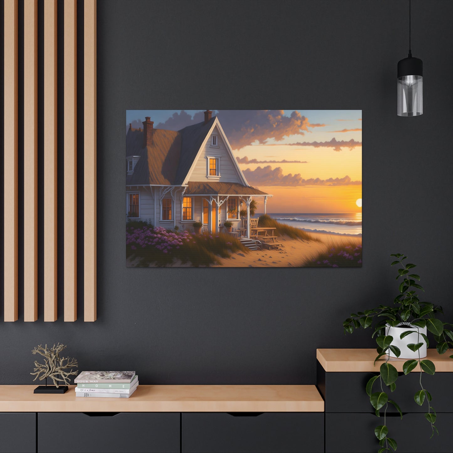 Coastal Retreat: Beach Cottage Canvas Wrap, Idyllic Coastal Landscapes, Serene Ocean Views, and Beachside Escapes Canvas Wrap Art