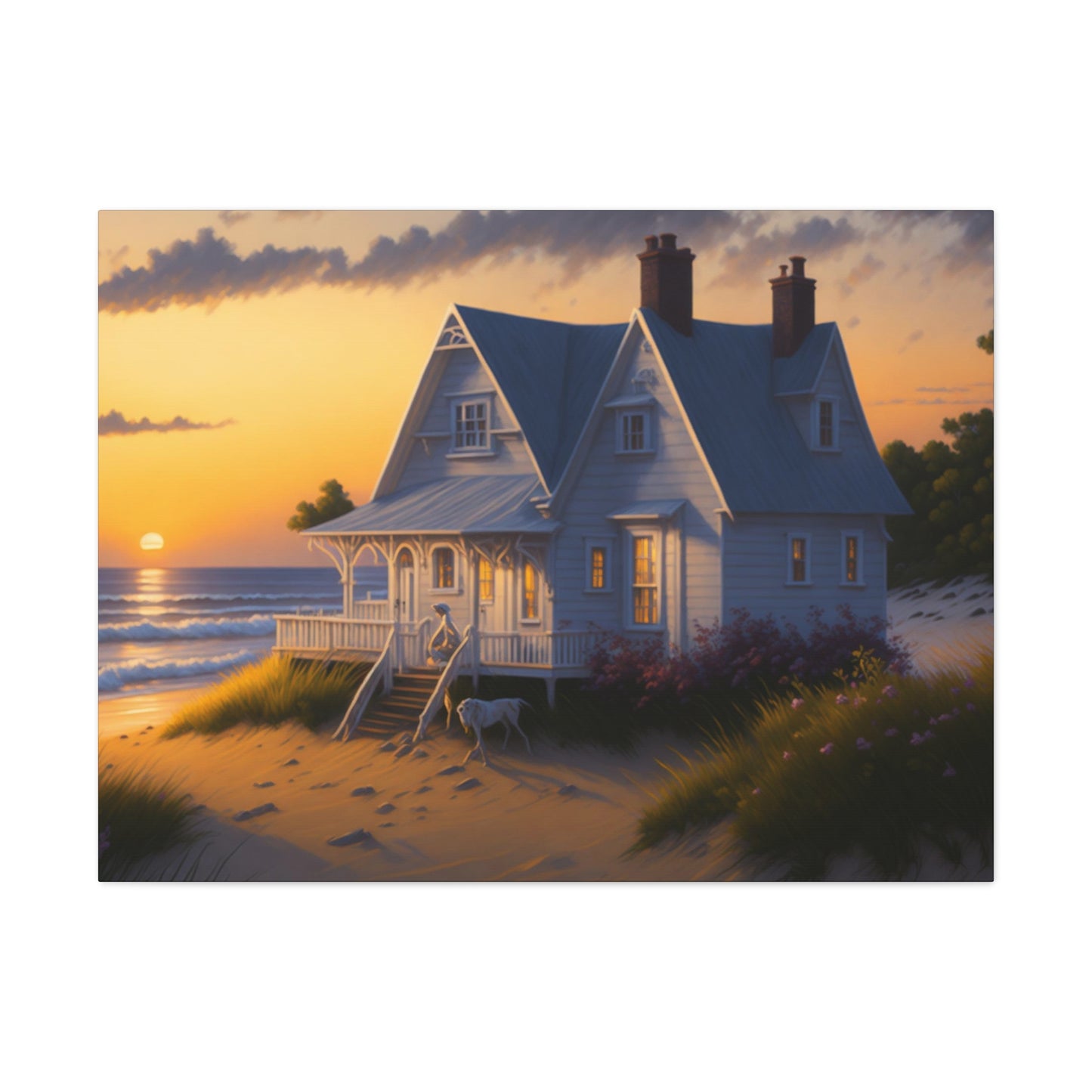 Coastal Retreat: Beach Cottage Canvas Wrap, Idyllic Coastal Landscapes, Serene Ocean Views, and Beachside Escapes, Sandy Beaches.