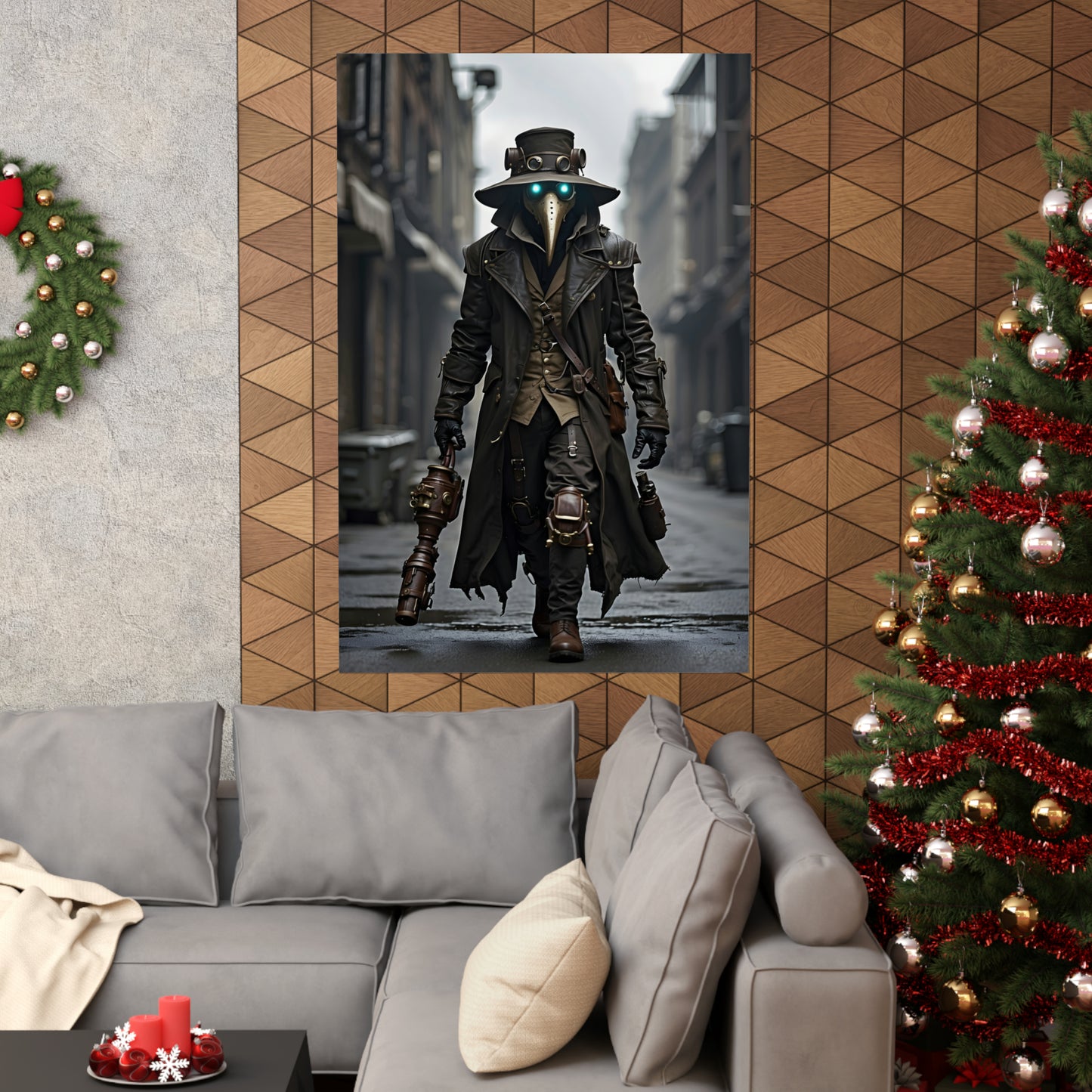 Steampunk Plague Doctor Poster, Modern Art Print with Leather Coat & Green Eyes, Gothic Wall Decor, Unique Gift for Sci-Fi Fans