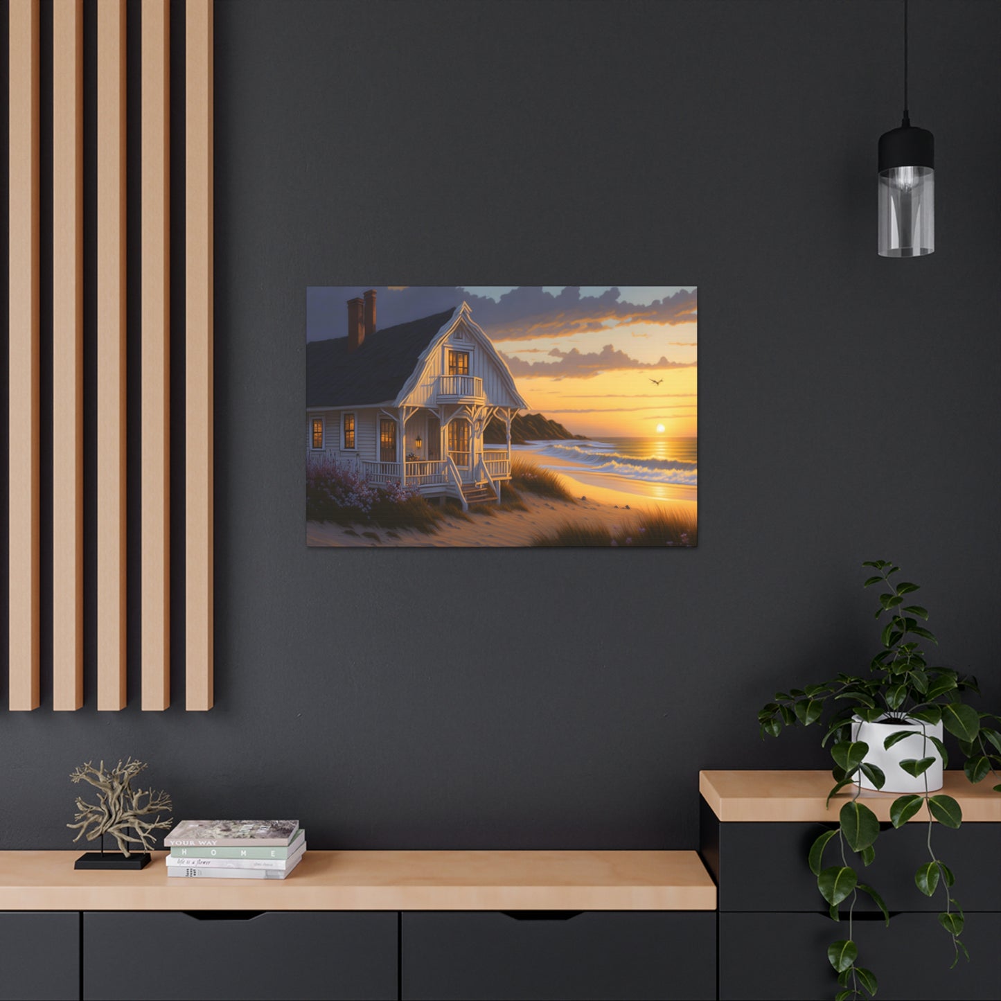 Coastal Retreat: Beach Cottage Canvas Wrap, Idyllic Coastal Landscapes, Serene Ocean Views, and Beachside Escapes, Sand Beaches.