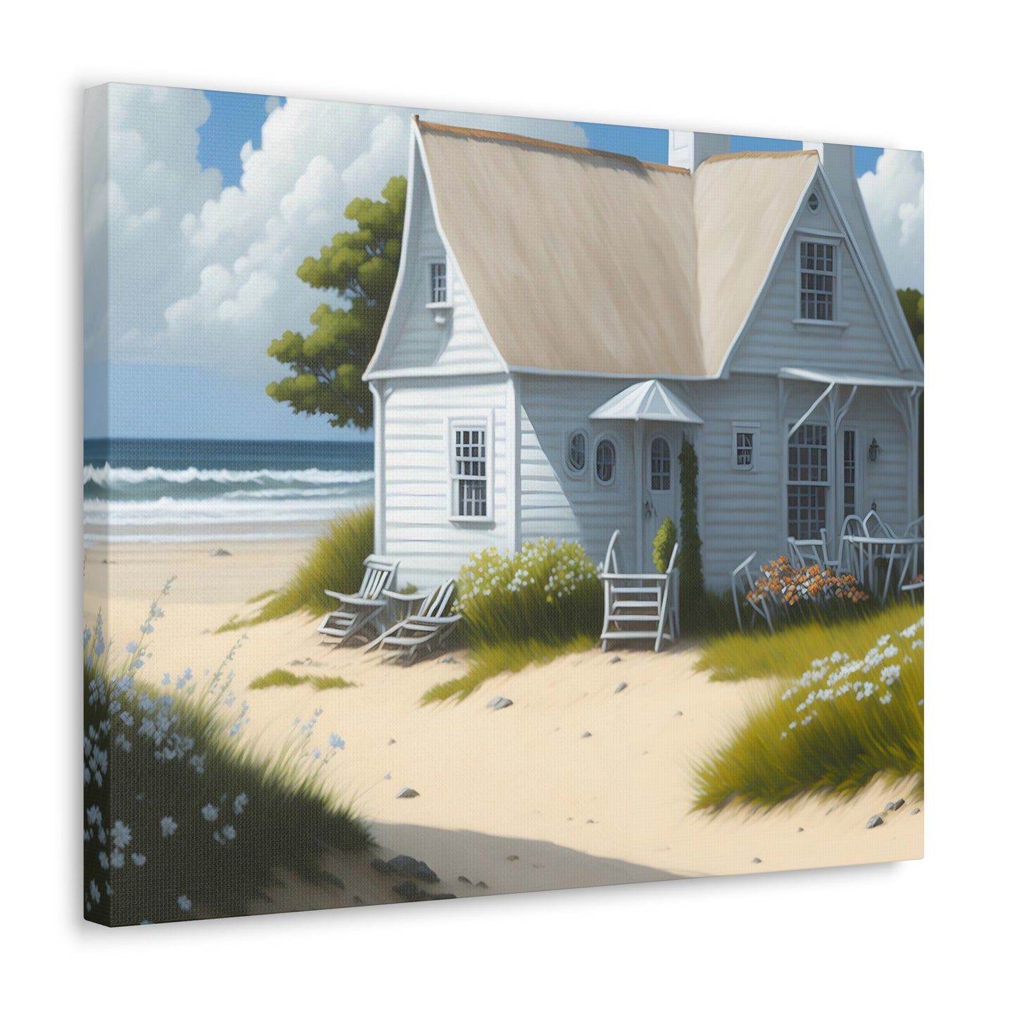 Coastal Retreat: Beach Cottage Canvas Wrap, Idyllic Coastal Landscapes, Serene Ocean Views, and Beachside Escapes, Sand Beaches.