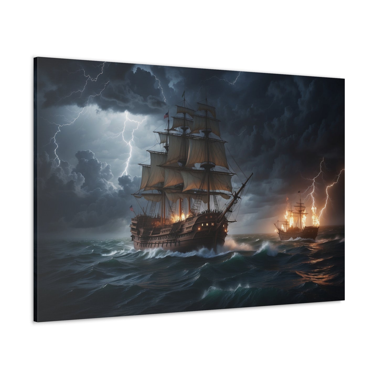 A canvas-wrapped print of a vintage tall ship at sea in battle during a storm. 