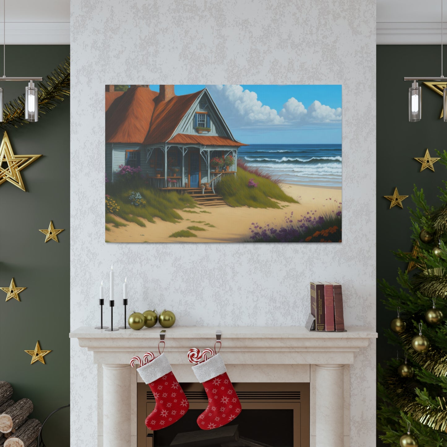 Coastal Retreat: Beach Cottage Canvas Wrap, Idyllic Coastal Landscapes, Serene Ocean Views, and Beachside Escapes, Sand Beaches.