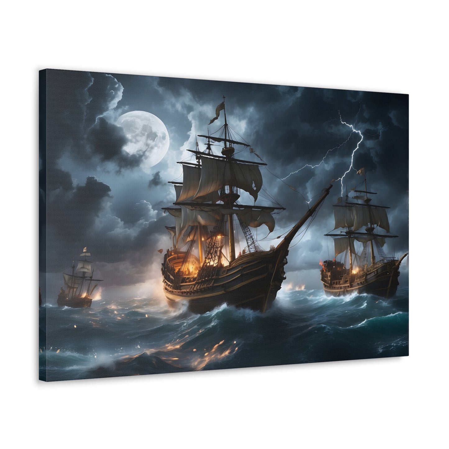 A canvas wrapped print  with the image of vintage tall ships in a battle at sea during a intense storm. 