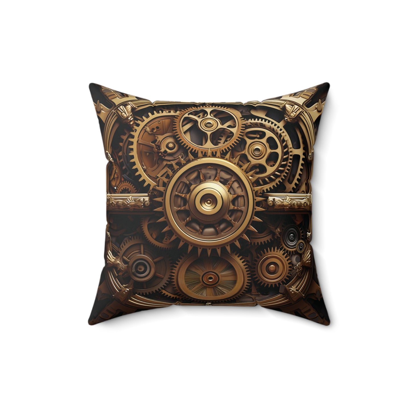 Steampunk Throw Pillow - Golden Gears on Tan, Spun Square Polyester Cushion for Home Decor, Unique Gift for Sci-Fi Fans