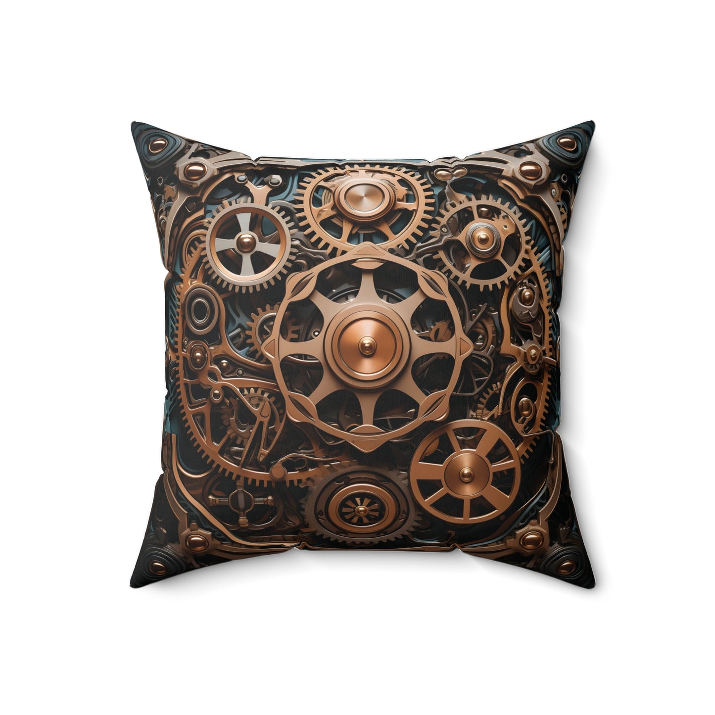 Steampunk Throw Pillow - Golden Gears on Blue, Spun Square Polyester Cushion for Home Decor, Unique Gift for Sci-Fi Fans