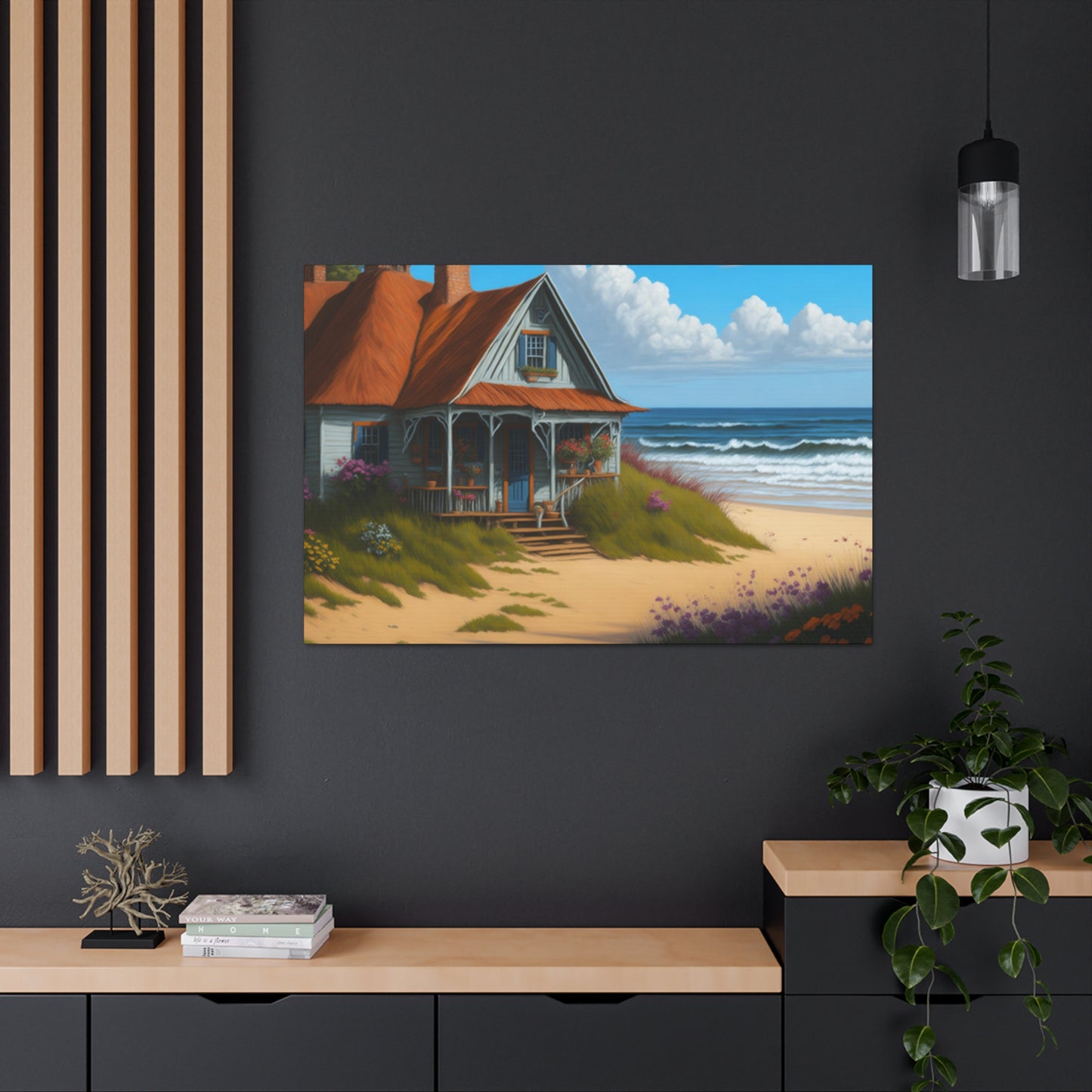 Coastal Retreat: Beach Cottage Canvas Wrap, Idyllic Coastal Landscapes, Serene Ocean Views, and Beachside Escapes, Sand Beaches.