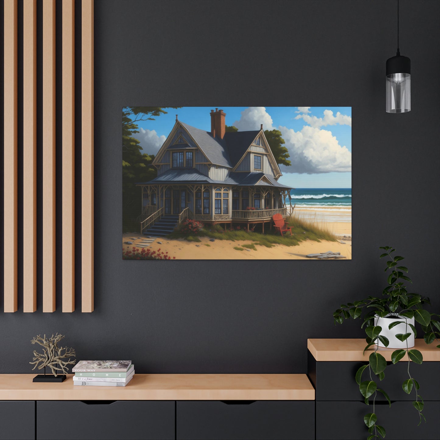 Coastal Retreat: Beach Cottage Canvas Wrap, Idyllic Coastal Landscapes, Serene Ocean Views, and Beachside Escapes, Sand Beaches.