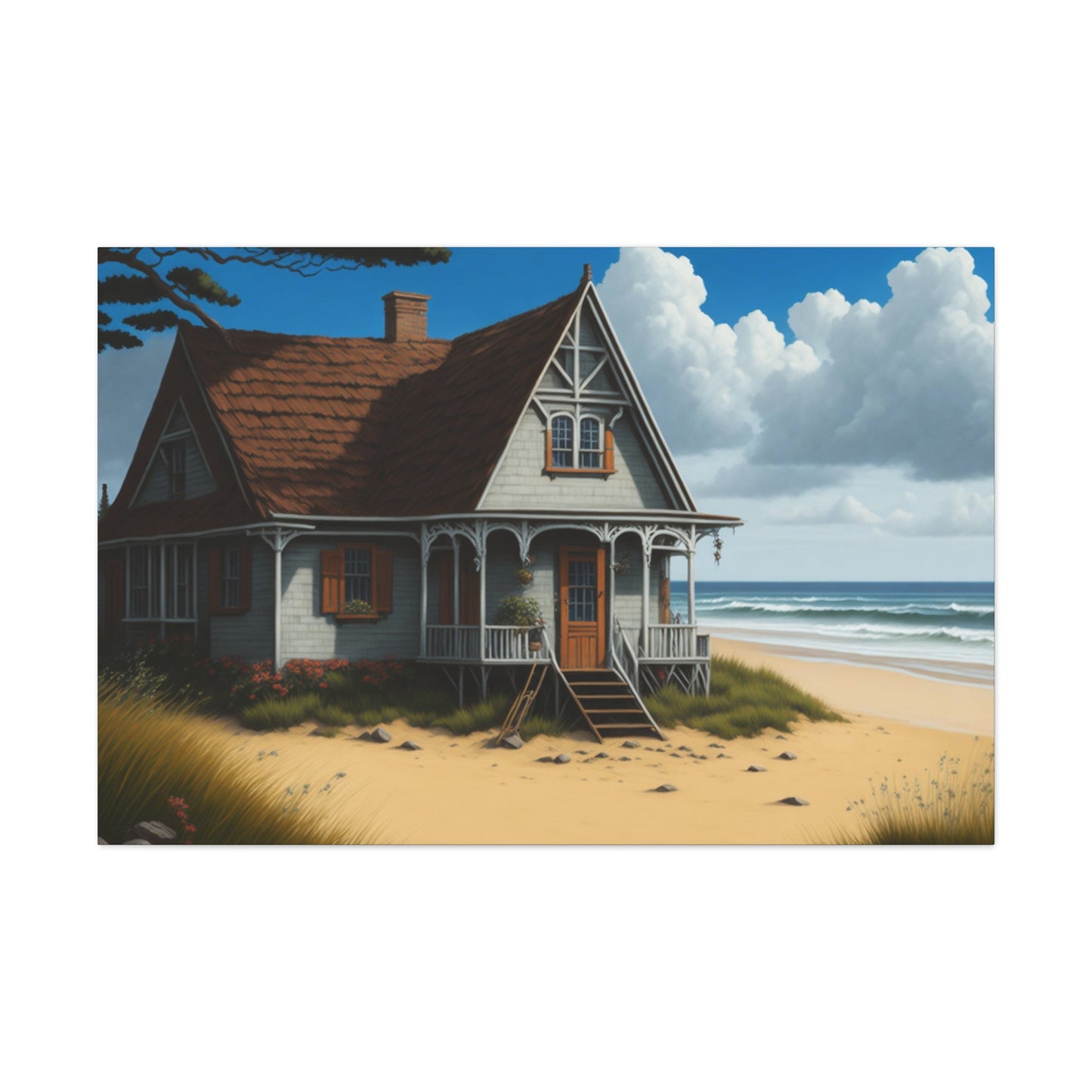 Coastal Retreat: Beach Cottage Canvas Wrap, Idyllic Coastal Landscapes, Serene Ocean Views, and Beachside Escapes, Sand Beaches.