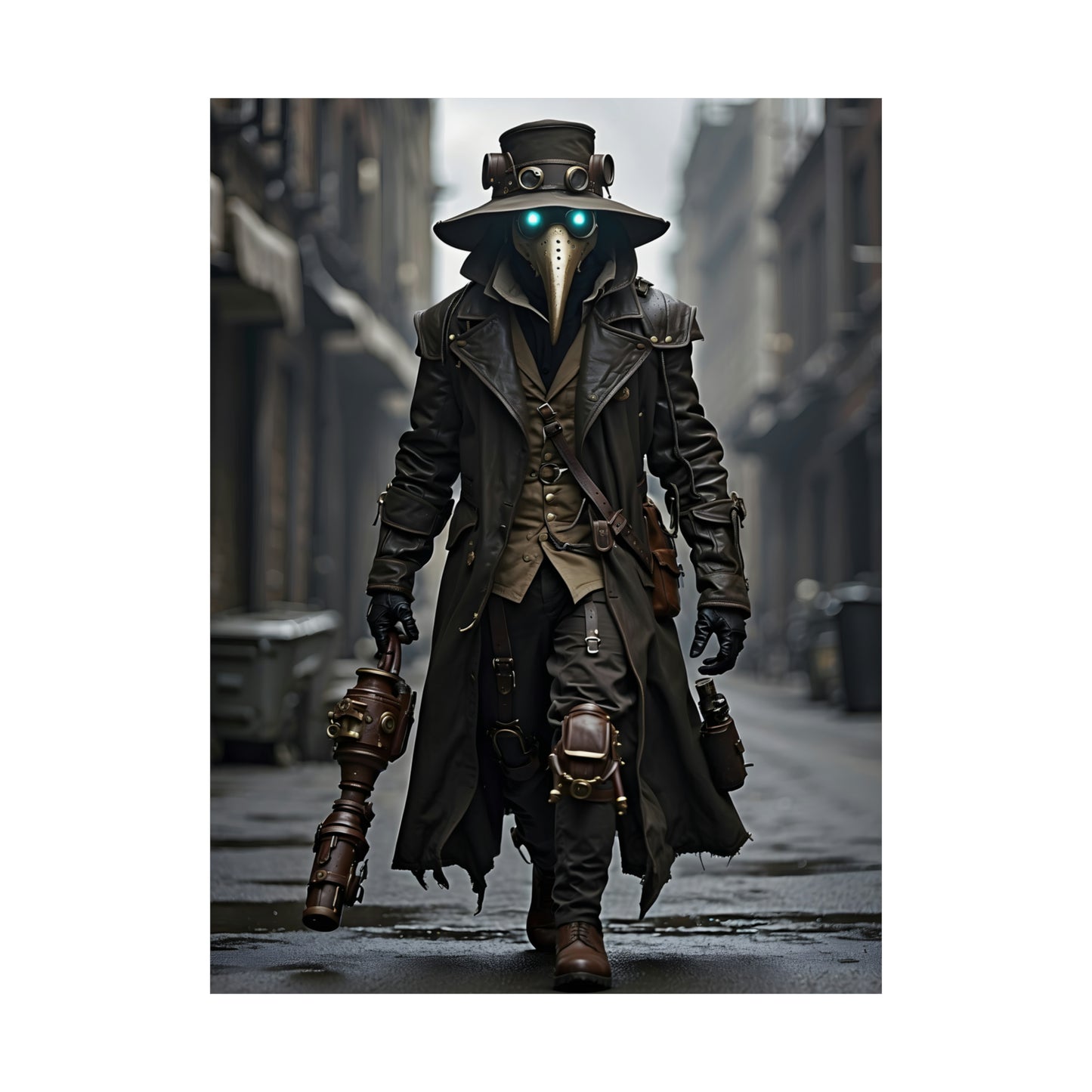 Steampunk Plague Doctor Poster, Modern Art Print with Leather Coat & Green Eyes, Gothic Wall Decor, Unique Gift for Sci-Fi Fans