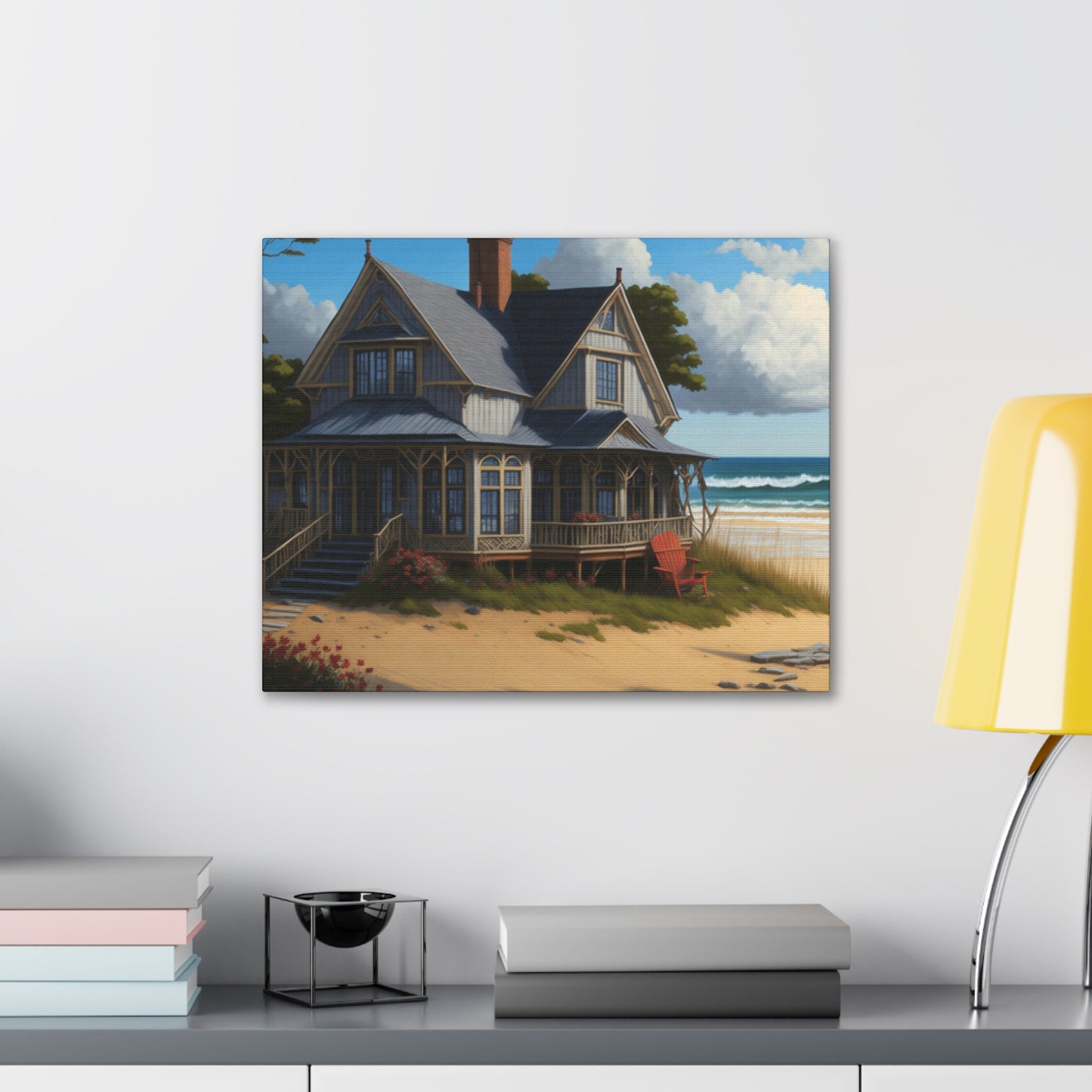 Coastal Retreat: Beach Cottage Canvas Wrap, Idyllic Coastal Landscapes, Serene Ocean Views, and Beachside Escapes, Sand Beaches.