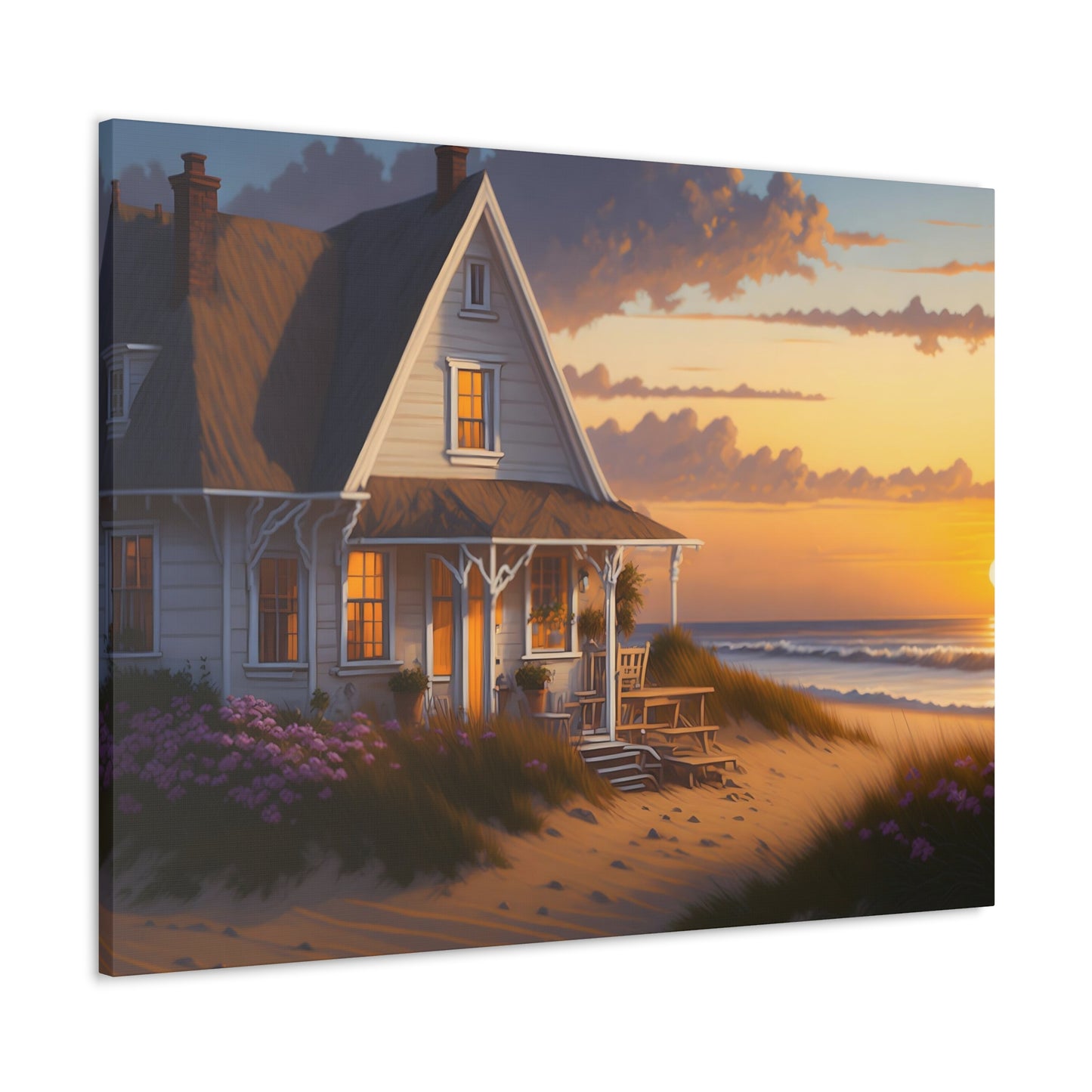 Coastal Retreat: Beach Cottage Canvas Wrap, Idyllic Coastal Landscapes, Serene Ocean Views, and Beachside Escapes Canvas Wrap Art