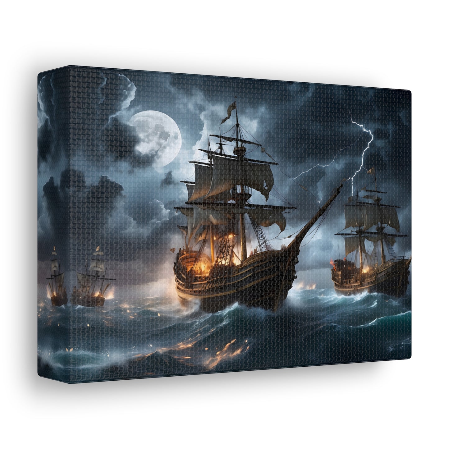 A canvas wrapped print  with the image of vintage tall ships in a battle at sea during a intense storm. 