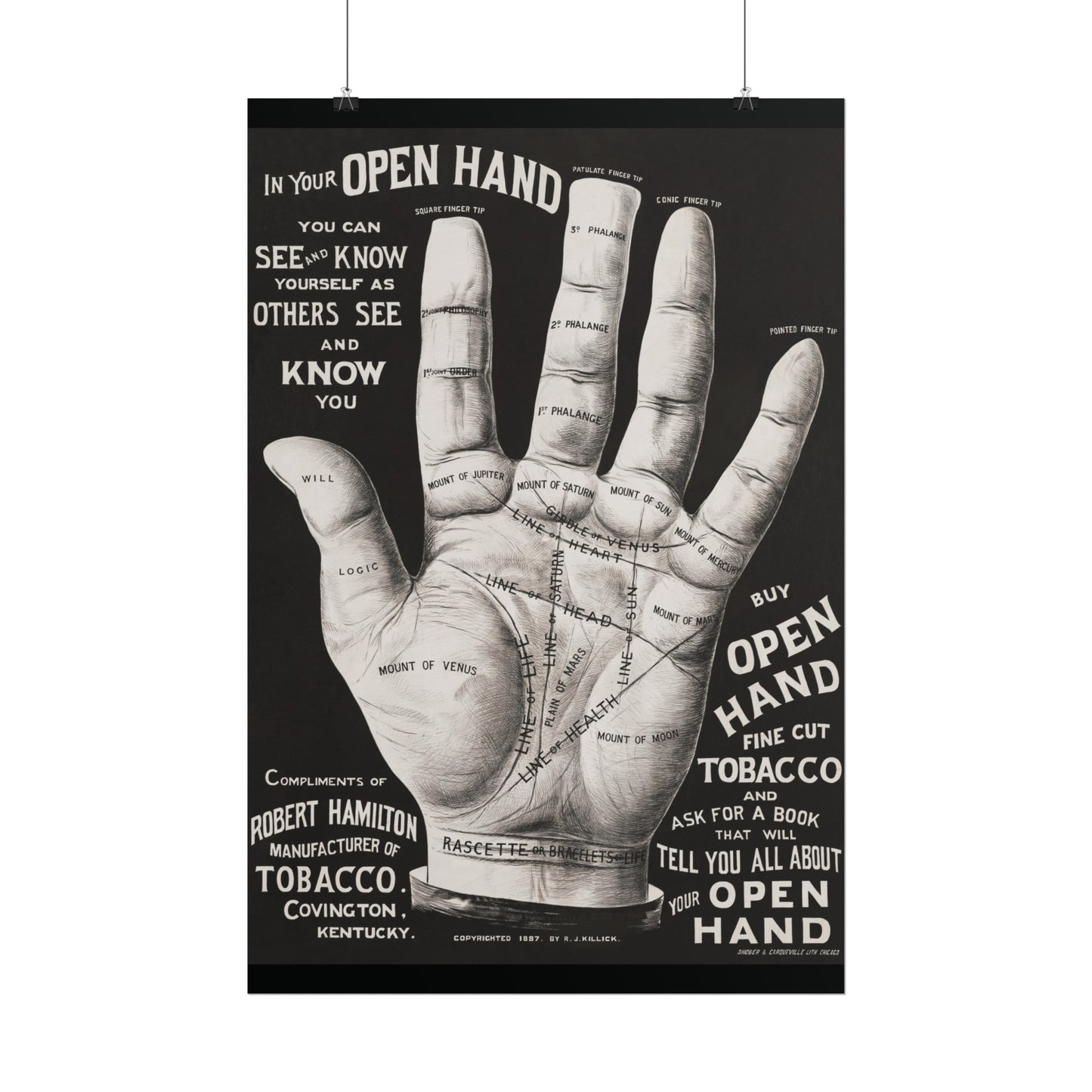 Vintage Palmistry Hand Poster | Open Hand Fine Cut Tobacco | Five Sizes Available | Retro Wall Art | Occult Décor | 1887 Advertisement