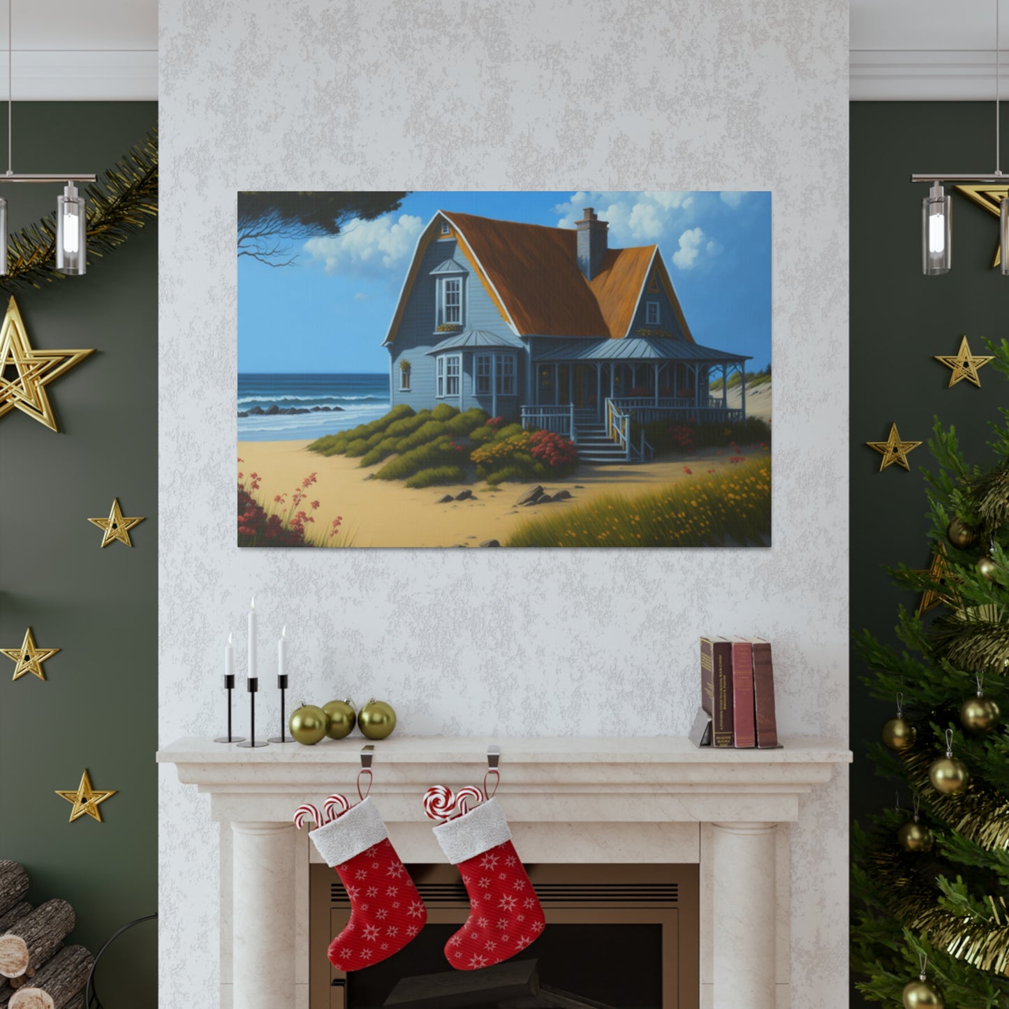 Coastal Retreat: Beach Cottage Canvas Wrap, Idyllic Coastal Landscapes, Serene Ocean Views, and Beachside Escapes, Sand Beaches.