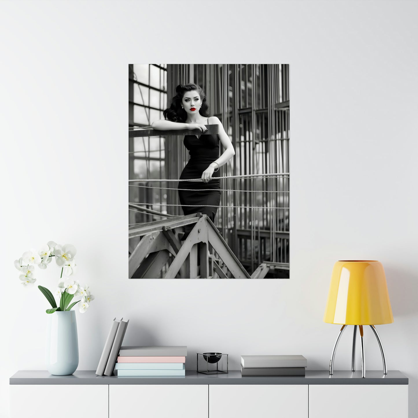 1950s-Inspired Monochrome Model Poster with Bold Red Lips - Retro Pin-Up Wall Art for Vintage Fashion Enthusiasts, Black and White Print