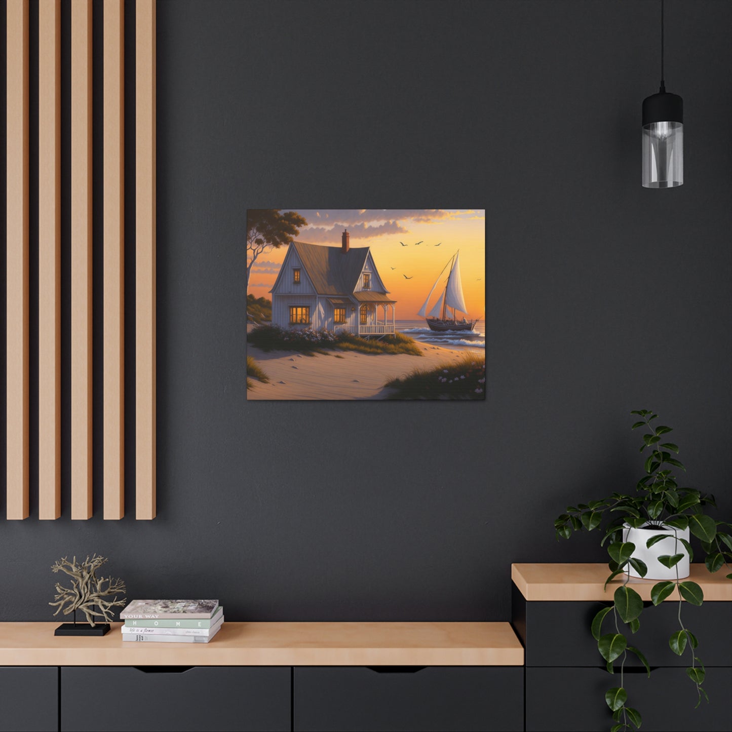 Coastal Retreat: Beach Cottage Canvas Wrap, Idyllic Coastal Landscapes, Serene Ocean Views, and Beachside Escapes, Sandy Beaches.