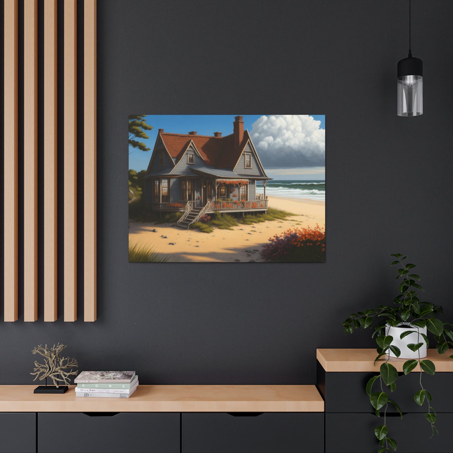 Coastal Retreat: Beach Cottage Canvas Wrap, Idyllic Coastal Landscapes, Serene Ocean Views, and Beachside Escapes, Sand Beaches.