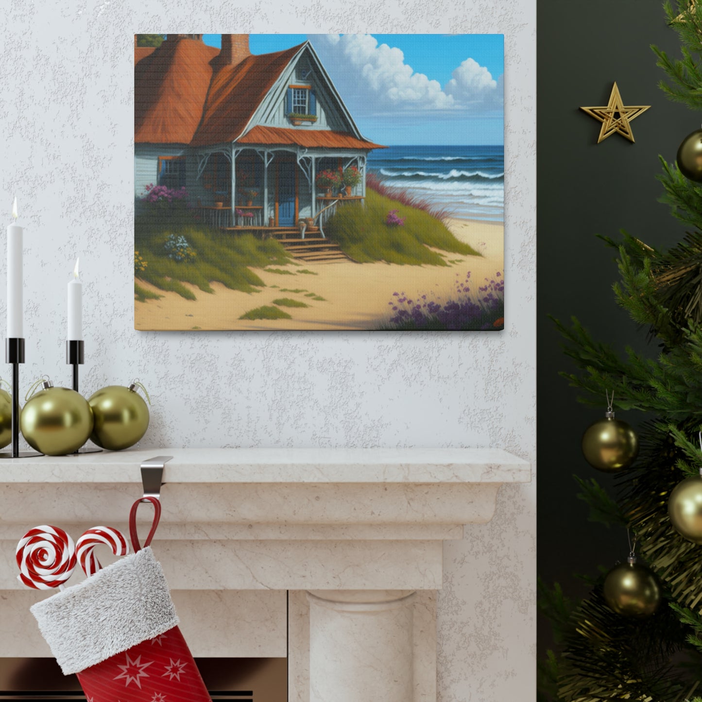 Coastal Retreat: Beach Cottage Canvas Wrap, Idyllic Coastal Landscapes, Serene Ocean Views, and Beachside Escapes, Sand Beaches.