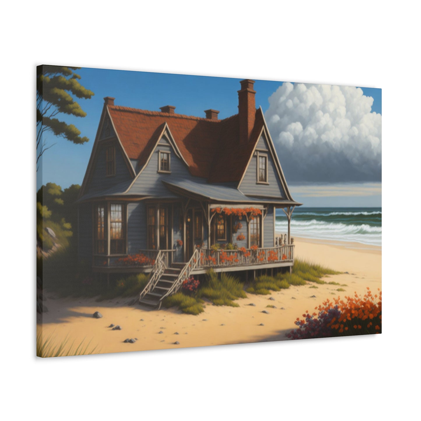 Coastal Retreat: Beach Cottage Canvas Wrap, Idyllic Coastal Landscapes, Serene Ocean Views, and Beachside Escapes, Sand Beaches.