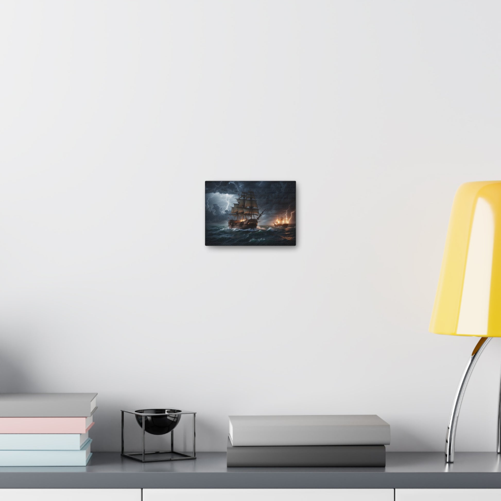 A canvas-wrapped print of a vintage tall ship at sea in battle during a storm. 