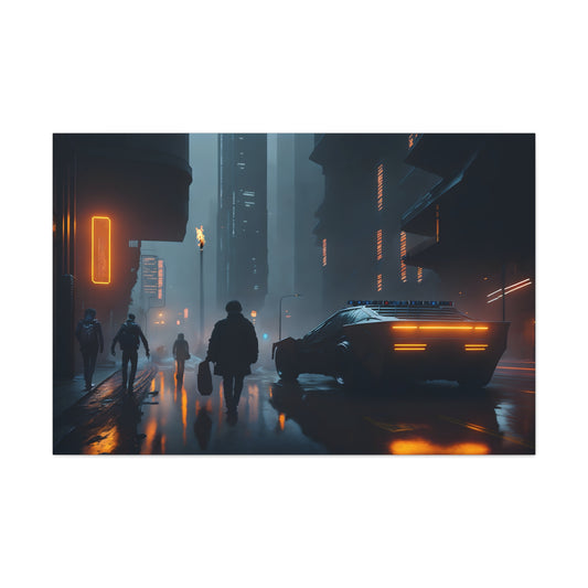 Dystopian City Canvas Wrap with Cyberpunk Art, Sci-fi Landscape, Neon Lights, and Urban Noir Vibes, Sci-fi Fan Gift