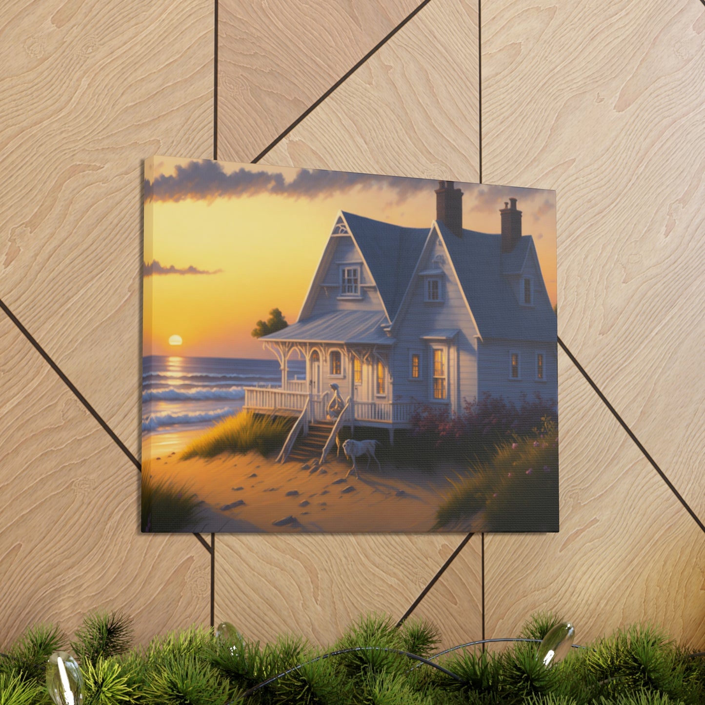 Coastal Retreat: Beach Cottage Canvas Wrap, Idyllic Coastal Landscapes, Serene Ocean Views, and Beachside Escapes, Sandy Beaches.