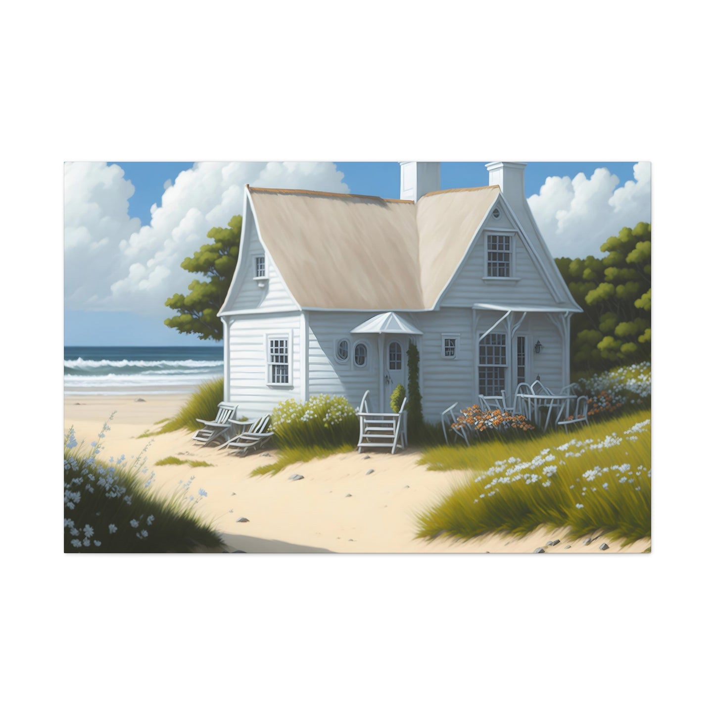 Coastal Retreat: Beach Cottage Canvas Wrap, Idyllic Coastal Landscapes, Serene Ocean Views, and Beachside Escapes, Sand Beaches.